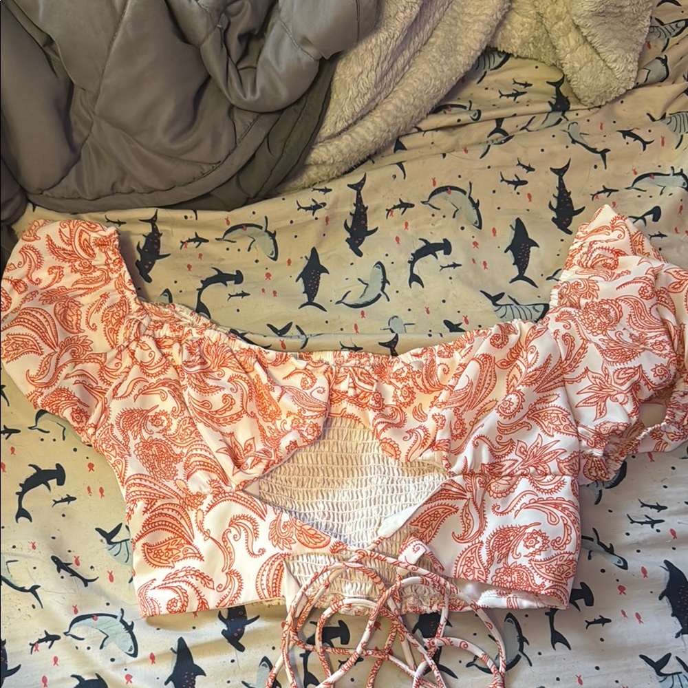 SHEIN Coral Paisley Off-Shoulder Blouse